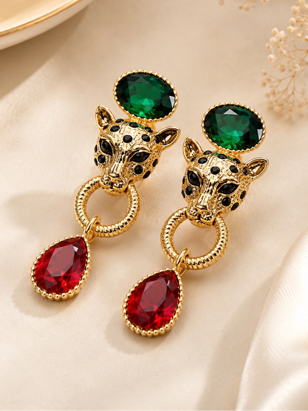 Panthere Ruby Red Emerald Gold Earrings